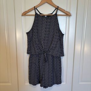 ROXY girl navy / white geometric pattern romper with front tie 100% cotton 14/XL